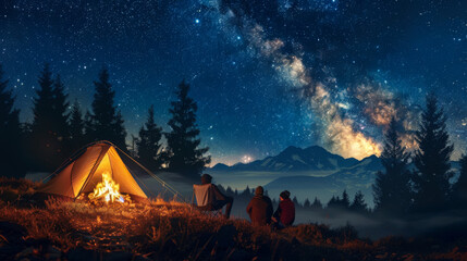 Wall Mural - A tent is set up in a field with a beautiful view of the mountains and a starry sky.