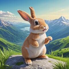 Wall Mural - illustration cartoon of funny rabbit vector on a mountain background