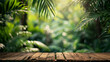 A warm, sunlit wooden table stands prominently before a bokeh of vibrant green rainforest foliage, expressing solitude and tranquility