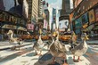 A group of ducks is seen walking across a city street. The ducks are moving together as they navigate through the urban environment, drawing attention from passersby