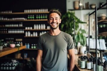 Portrait of a young man in a herbal shop