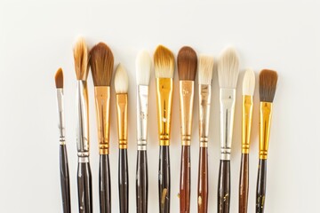 Poster - A variety of paintbrushes standing upright, showcasing different sizes and types on a clean white background, suggesting an artist's toolset