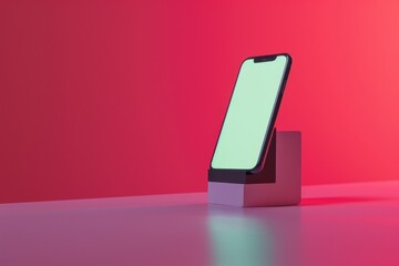 Aufkleber - Modern smartphone with a blank screen resting on a simple stand against a bold red backdrop, highlighting potential content