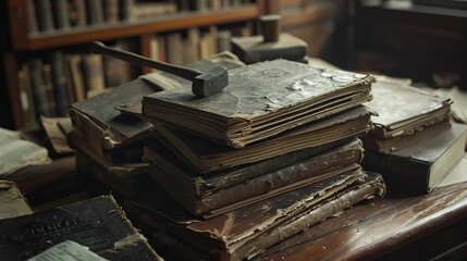 A judge's table holds a group of dusty files and a prominently focused hammer, illustrating the backlog of old cases awaiting judgment