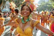 Dynamic shot of a female dancer in a yellow costume dancing at a street carnival