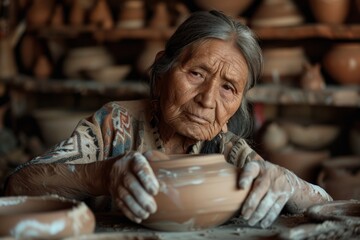 Aufkleber - Elderly woman potter creating ceramic pottery with focus and precision in a rustic pottery workshop