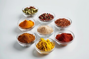 Aufkleber - An array of vibrant, colorful spices and herbs presented in transparent glass bowls