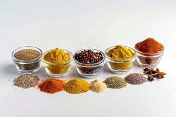 Poster - A diverse selection of spices such as coriander, mustard seeds, and colorful peppercorns laid out on a bright surface
