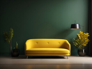 Wall Mural - Rendering of a yellow sofa placed in an empty living room with a dark green wall background design.