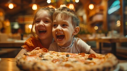 two children sitting at a table with a pizza in front of them