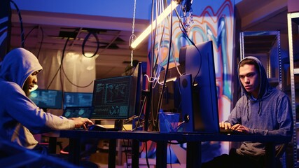Poster - experienced hacker group members sneaking malware virus on unaware victims computers, stealing sensi