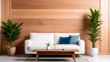 White sofa with cushions, Modern living room with two gray sofas wooden coffee table with books and a plant, and a textured wooden wall in a bright living room