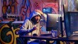 © DC Studio - Hacker in graffiti painted hideout interrupted by police sirens from writing malware code on computer, running to escape before getting caught. Criminal den found by anti hacking law enforcement