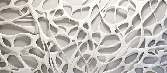 Poster - A monochrome close up of a white wall with a spider web pattern resembling a spoke design on an automotive tire rim, creating a circle of intricate metal art
