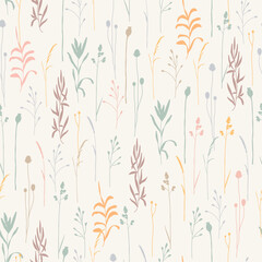 Wall Mural - trendy hand drawn seamless pattern with dry herbs and flowers on light background. pastel colours ba