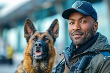 A man with a black hat and a dog