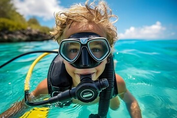 Wall Mural - Child at diving lessons. Background with selective focus and copy space