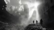 a desperate Post-Apocalypse world view, three people are walking through a ruined city in pitch darkness, horror, fear, gloom, darkness. generative AI