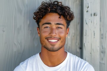 Wall Mural - A man with curly hair and a white shirt is smiling