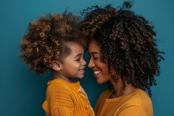 A mother and daughter are hugging each other with smiles on their faces