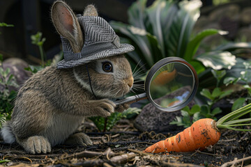 photograph of a rabbit wearing a detective hat and magnifying glass, investigating a carrot gone missing in a garden mystery

