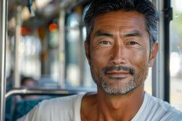 Wall Mural - A man travels on public transport from work. Background with selective focus and copy space