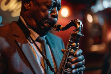 Fototapete - An artistic portrayal of a jazz musician playing a saxophone, with bright lighting enhancing the performance’s mood on stage