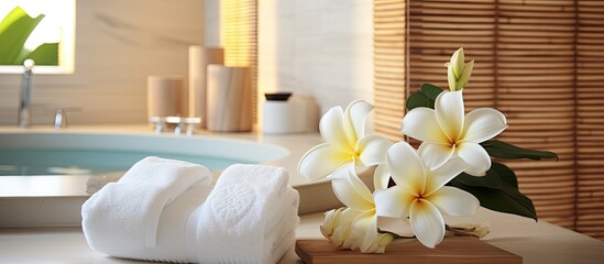 Wall Mural - Towels neatly folded beside a vase of fresh flowers on a bathroom counter