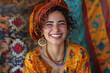 a young Middle Eastern woman in a vibrant dress, her laughter filling the frame, looking at the camera
