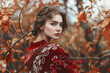 Photograph of attractive woman wearing red clothes and autumn landscape

