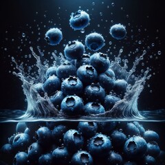 Wall Mural -  a mesmerizing scene where a cluster of ripe blueberries, each kissed with tiny water droplets, are caught in the fleeting moment