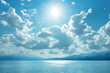 showcasing a bright sun and clouds over a serene lake
