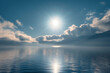 a bright sun and clouds over a serene lake
