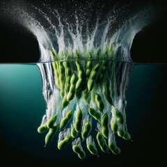 a series of ripe, green beans, each coated with fine water droplets, captured mid-fall into a deep, dark water tank.