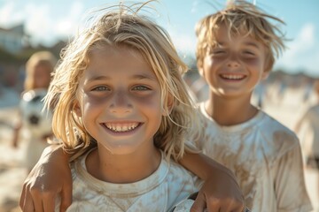 Poster - A blond boy and girl are happily posing on the beach, their smiles and gestures showing how much fun they are having during their leisurely travel