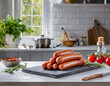 Bunch of delicious sausages on plate in white kitchen
