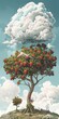 Majestic cumulus cloud in the sky with flowering strawberry tree with curved branches and vibrant green leaves created with Generative AI Technology