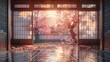 Traditional Japanese Room Overlooking Cherry Blossoms at Sunset