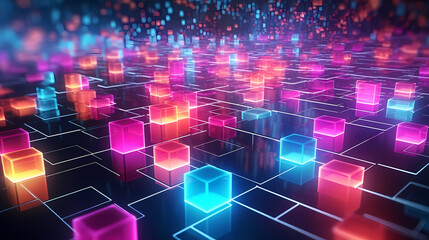 Colorful cubes, blockchain new technology transmission with digital background