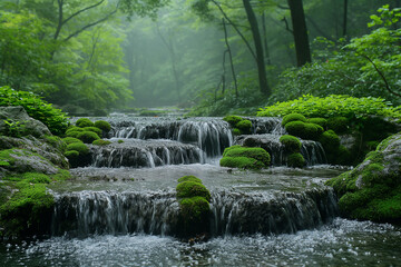 A beautiful green forest landscape view with a flowing river