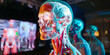 A holographic anatomy lesson showcasing the intricacies of the human body, A human head and neck with the veins labeled as a diagram of the head and neck.