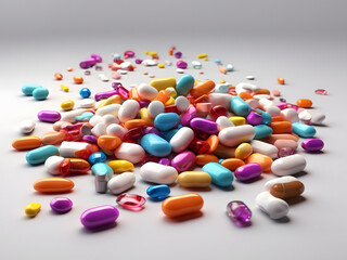 An assortment of colourful pills and capsules is scattered on a white background depicting medical treatment—3d design.