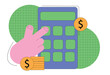 The vector image shows someone calculating with a calculator. It illustrates financial management and profit calculation
