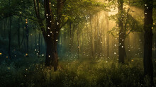 Enchanted Forest At Night In Sparkling Lights. Generative Ai