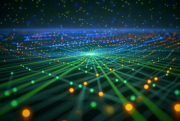 Fototapete - Futuristic Network Composition: Blue and green grid with luminous connections and nodes symbolizing global interconnectivity in the world of blockchain technology