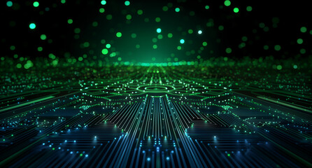 Fototapete - Rendering of green glowing data points on a black background with a circuit board pattern in the center with a bokeh effect. Abstract futuristic digital technology, science and cyberspace concept 