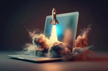 Wall Mural - Digital Rocket Launch: Innovative Startup Taking Off from Laptop Screen