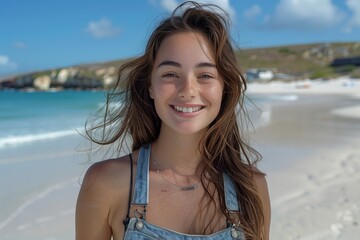 Poster - A happy woman in overalls is smiling on the azure beach, surrounded by water, clouds, and a blue sky. She is enjoying her leisure time while traveling with other people on the beach