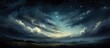 A mesmerizing painting depicting a night sky filled with fluffy cumulus clouds and twinkling stars, capturing the tranquil atmosphere of a natural landscape at dusk