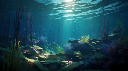 Wall Mural - Underwater landscape with green seagrass at the bottom of the sea